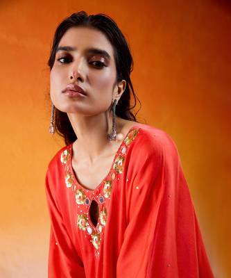 Red viscose modal satin hand embroidery kaftan 5