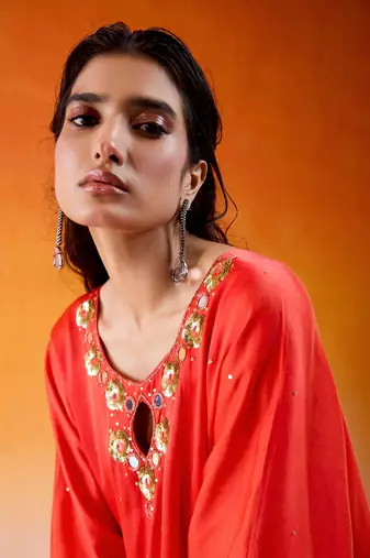 Red viscose modal satin hand embroidery kaftan