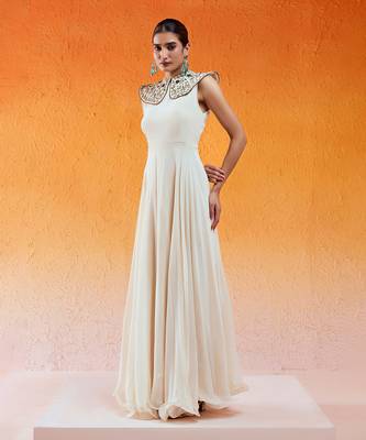 Ivory viscose georgette hand embroidery gown 1
