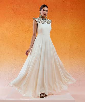 Ivory viscose georgette hand embroidery gown 2