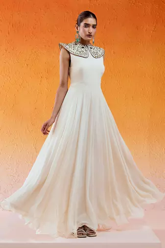 Ivory viscose georgette hand embroidery gown