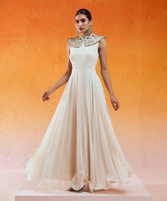 Ivory viscose georgette hand embroidery gown 3