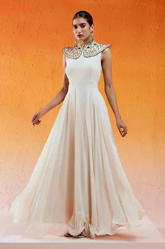 Ivory viscose georgette hand embroidery gown