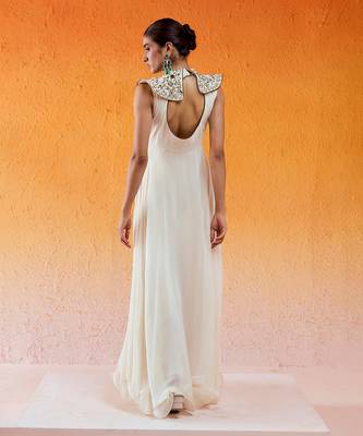 Ivory viscose georgette hand embroidery gown 5