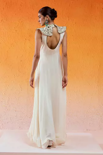 Ivory viscose georgette hand embroidery gown