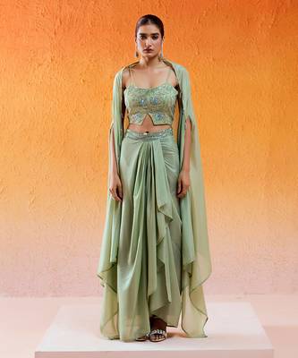 Pista green embroidered drape skirt set with cape 1