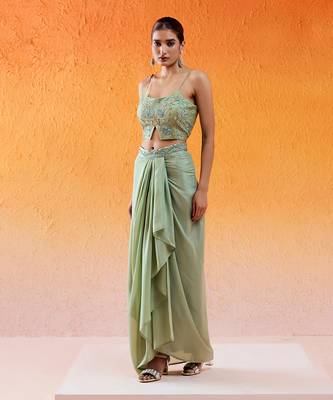 Pista green embroidered drape skirt set with cape 2