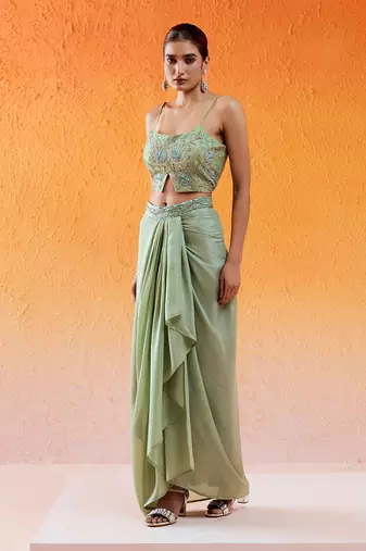 Pista green embroidered drape skirt set with cape