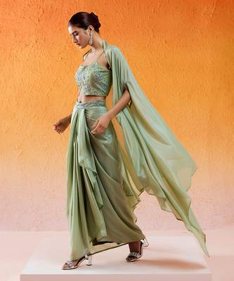 Pista green embroidered drape skirt set with cape 3