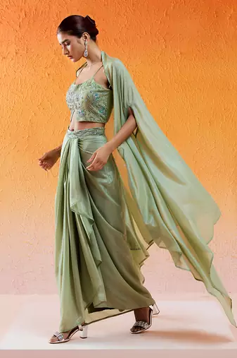 Pista green embroidered drape skirt set with cape