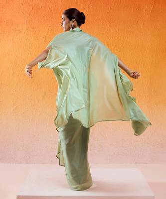 Pista green embroidered drape skirt set with cape 4