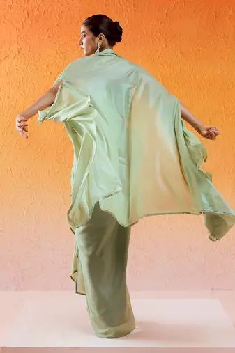 Pista green embroidered drape skirt set with cape