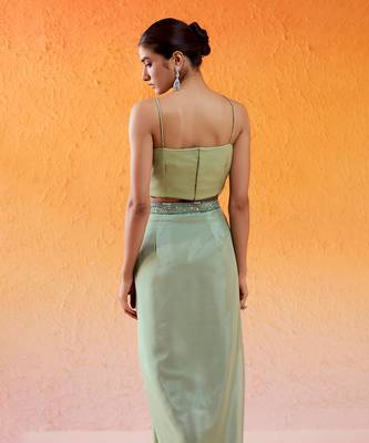 Pista green embroidered drape skirt set with cape 5