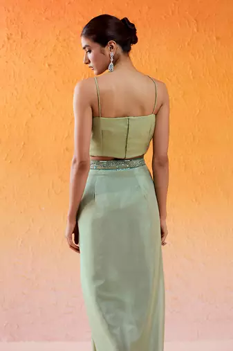Pista green embroidered drape skirt set with cape