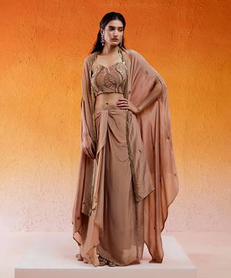 Brown viscose glass organza hand embroidered drape skirt set with cape 1