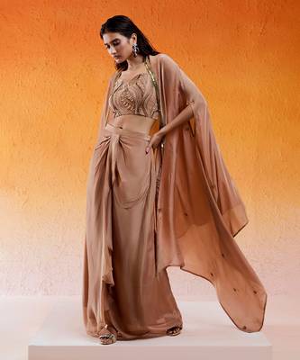 Brown viscose glass organza hand embroidered drape skirt set with cape 2