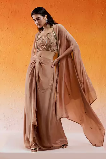 Brown viscose glass organza hand embroidered drape skirt set with cape