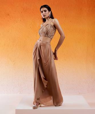 Brown viscose glass organza hand embroidered drape skirt set with cape 4