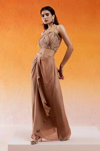 Brown viscose glass organza hand embroidered drape skirt set with cape