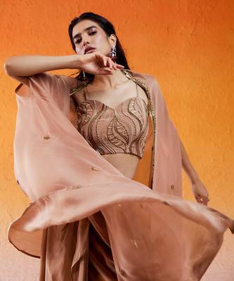 Brown viscose glass organza hand embroidered drape skirt set with cape 5