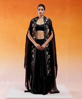 Black embroidered drape skirt set with cape 1
