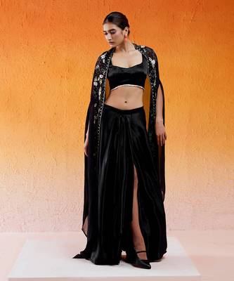 Black embroidered drape skirt set with cape 2