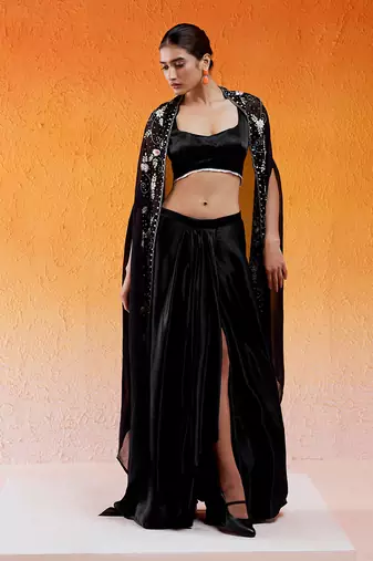 Black embroidered drape skirt set with cape