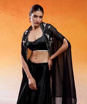 Black embroidered drape skirt set with cape 3