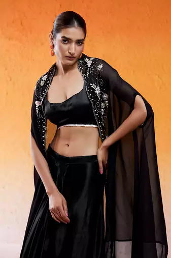 Black embroidered drape skirt set with cape