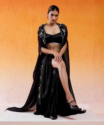 Black embroidered drape skirt set with cape 4