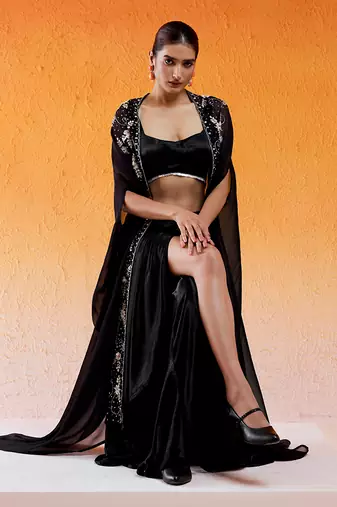 Black embroidered drape skirt set with cape