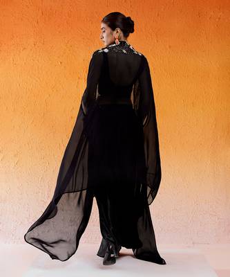 Black embroidered drape skirt set with cape 5