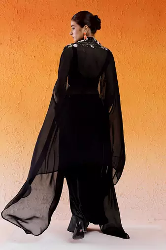 Black embroidered drape skirt set with cape