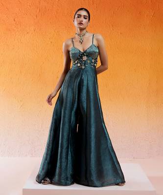 Blue crushed organza hand embroidered cutdana v-neck jumpsuit 1