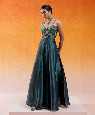 Blue crushed organza hand embroidered cutdana v-neck jumpsuit 2