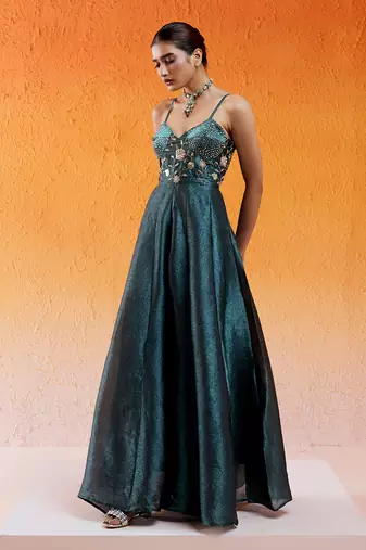 Blue crushed organza hand embroidered cutdana v-neck jumpsuit