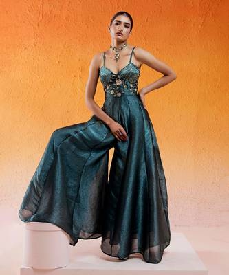 Blue crushed organza hand embroidered cutdana v-neck jumpsuit 3