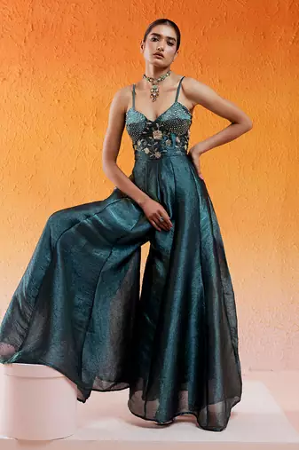 Blue crushed organza hand embroidered cutdana v-neck jumpsuit