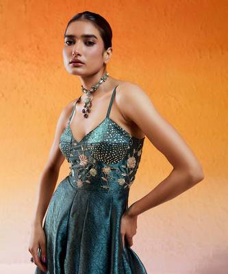 Blue crushed organza hand embroidered cutdana v-neck jumpsuit 4