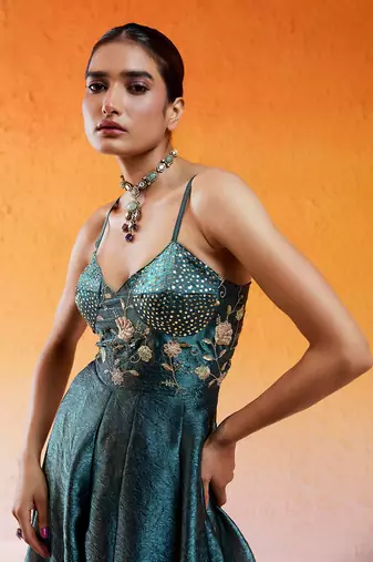 Blue crushed organza hand embroidered cutdana v-neck jumpsuit