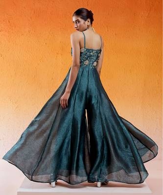 Blue crushed organza hand embroidered cutdana v-neck jumpsuit 5