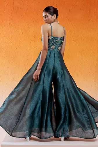 Blue crushed organza hand embroidered cutdana v-neck jumpsuit