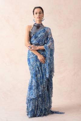 Pre-draped modern floral print chiffon ruffle saree with metallic blouse 1