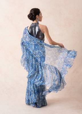 Pre-draped modern floral print chiffon ruffle saree with metallic blouse 2