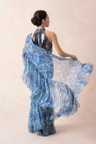 Pre-draped modern floral print chiffon ruffle saree with metallic blouse