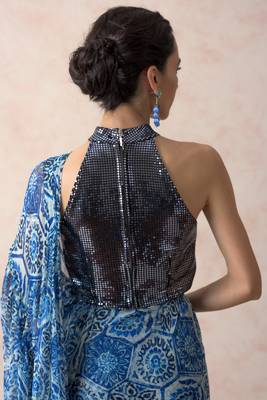 Pre-draped modern floral print chiffon ruffle saree with metallic blouse 4