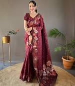 Brown Assami style of silk bland copper golden and silver zari weaving saree with Blouse