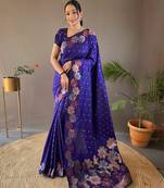 Violet Assami style of silk bland copper golden and silver zari weaving saree with Blouse