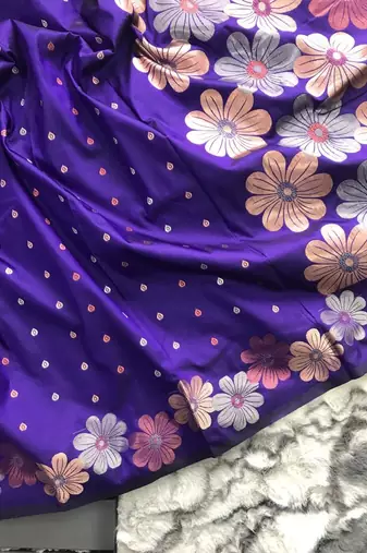 Violet Assami style of silk bland copper golden and silver zari weaving saree with Blouse