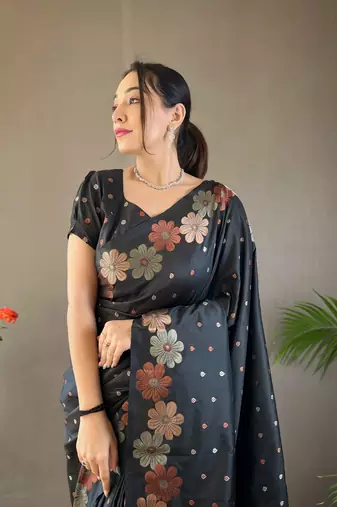 Black Assami style of silk bland copper golden and silver zari weaving saree with Blouse